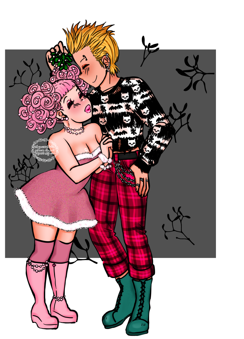 Miwako standing on her tiptoes, lips pursed to kiss, hands clasped in fron of her. Arashi stands in front of her, smiling, one hand in his pocket, the other holding mistletoe above Miwako's head. Miwako is wearing a pink dress with white fluff along the cleavage and the hem of the skirt, and pink platform boots. Arashi is wearing a black and white striped sweater with skulls, bats and snowflakes. The shirt is fraying. He's wearing cuffed tartan red trousers  and green boots.
