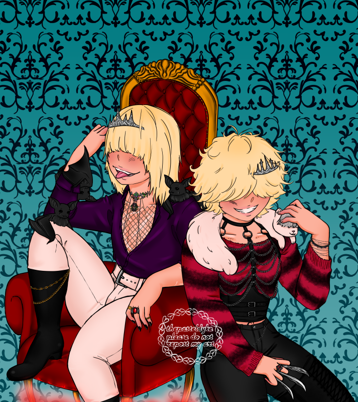 A full colored digital of Rasiel and Belphegor from ten years later, from the manga and anime Katekyo Hitman Reborn. Rasiel sits on his red throne-like chair, his foot resting on it too. He leans his elbow on his knee, smiling as he sticks his tongue out. Three bats rest on him, one on his knee, one on his shoulder, and one hanging from his arm. Belphegor leans against the chair, his box weapon curled around his neck. He grins, holding onto his knives and caressing his box weapon’s head with his other hand. The background’s blue with black vines-like pattern on it.