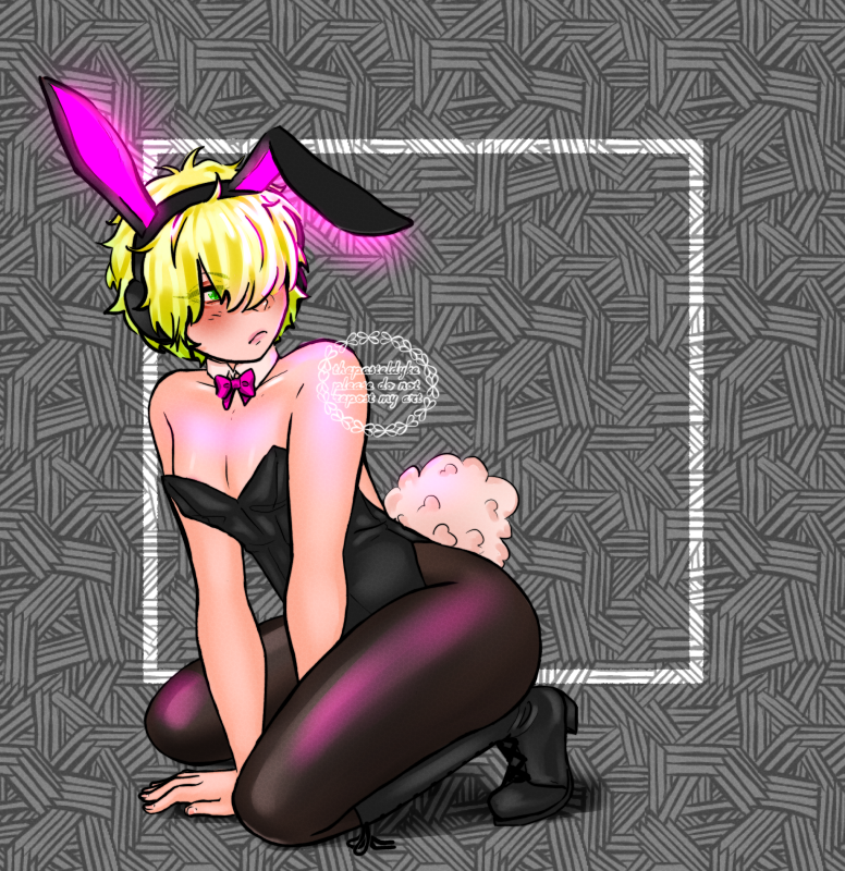 Hassaku from Shuugoku Elite wearing a bunny girl outfit, looking very grumpy.