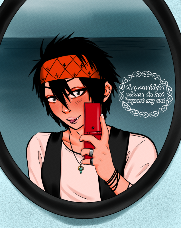 Kabuto from Psyren taking a selfie in a mirror, sticking his tongue out.