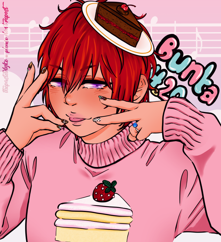 Bunta from Prince of Tennis flashing double peace signs close to his face. He's sticking his tongue out a little, smile on his face. He's wearing a pink sweater with a slice of cake on the front, and he has a plate with a chocolate cake slice on top of his head. His nails are themed after ice cream and he's wearing a ring in the shape of a lollipop.