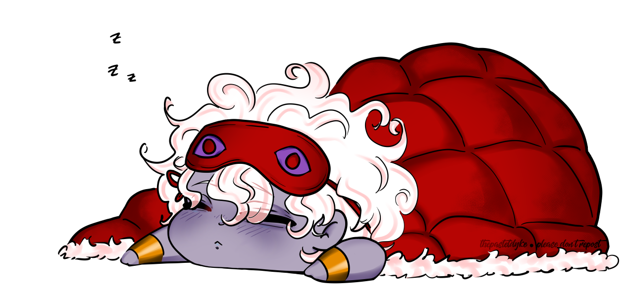 Tiny chibi Hypnos from Hades Game sleeping under his red blanket coat, only his head and arms sticking out from underneath.