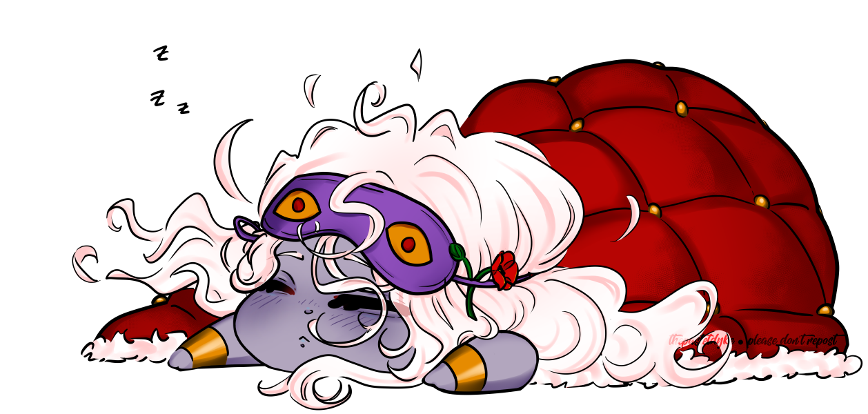 Tiny chibi Hypnos from Hades Game but with his Hades II design, where he has long hair and a different eyemask (minus the wings), sleeping under his red blanket coat, only his head and arms sticking out from underneath.