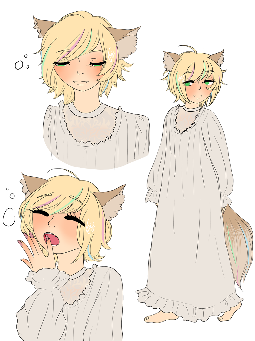 Three drawings of Shuzo in a victorian-inspired nightgown. Top left from the chest up, he's looking down. Bottom left from the chest up, he's yawning, mouth in front of his hand. Righthand picture is fullbody, he's walking, looking over his shoulder. Originally drawn for a 'draw x character in the clothes you're wearing' meme.