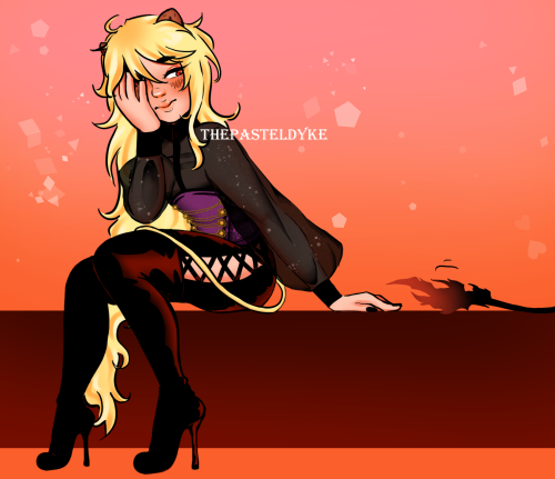 Aion is sitting down, his right arm reaching out behind him, fingers hovering close to Crow's tail. His left hand is covering the left side of his face as he peeks in the direction of Crow, who is outside the frame aside from his tail. Aion is blushing, looking nervous. He's wearing a sparkly sheer black buttonup shirt, a purple corset around his torso. His black boots reach over the knee and the heels are high. What can be seen of his trousers are black and the sides are cut open and laced together with criss-crossing ribbons. The background is an orange pink ombré.