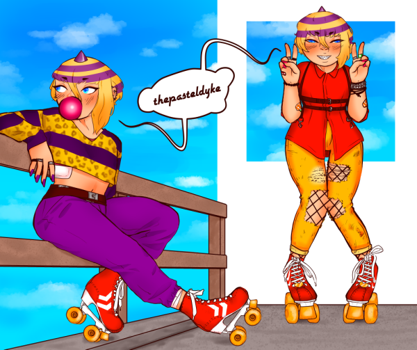 Two fullbody images of Hachin wearing red rollerskates with orange-yellow wheels. To the left he's sitting on a fence, left leg bent, the toestopper on the rollerskate in the ground. His right leg stretches outward. His left arm hangs down, hidden behind his body, while his right arm is slung over the top section of the fence. He's looking over his shoulder, a bubble of gum covering his mouth and nose. He's wearing a yellow and purple striped croptop, the yellow section with a leopard print. He's wearing purple 3/4 trousers with a brown belt. A bandage peeks out between the hem of his trousers and the rollerskate, he has a plaster on his side.

To the right he's standing up, flashingpeace signs with both hands. He's smiling brightly. He's wearing a red shortsleeved buttonup shirt and ripped orange-yellow jeans. A harness is strapped to his chest. The sky is bright and blue behind him in both pictures.