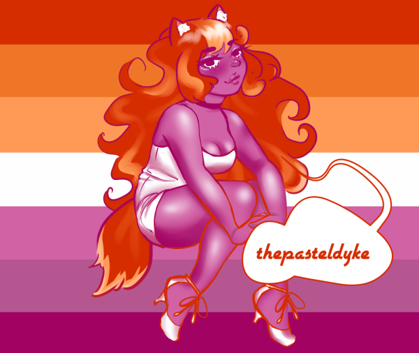 Sumomone is sitting down, leaning a little bit forward as her arms stretch down over her knees, hands twined just below the knee. She's smiling. The entire image uses only the colours of the lesbian sunset flag. Her hair is orange, her skin is purple and the deepcut tight minidress she's wearing is white.