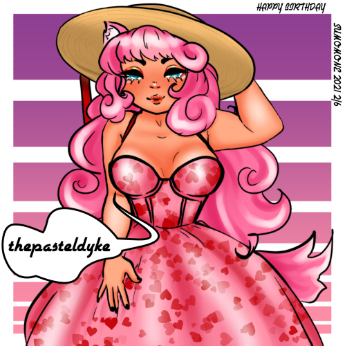 Sumomone is standing in the middle of the picture, one hand holding down a widebrimmed strawhat on her head with her left hand, her right hand on the poofy skirt of her dress. She's wearing a pink dress with red hearts on it, the top half is a corset. She's smiling. The background is a series of boxes shifting from purple to pink.