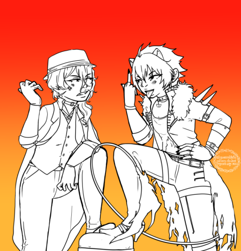Crow is standing with his right foot on a stool, left hand on his hip, right hand giving Chuuya from Bungou Stray Dogs the middle finger. He's sticking his tongue out at him, looking cocky. Chuuya on the other hand looks pissed, his left foot on the same stool, cracking his knuckles individually, ready to start a fight. They're both wearing their regular outfits. This came about because they have the same voice actor.