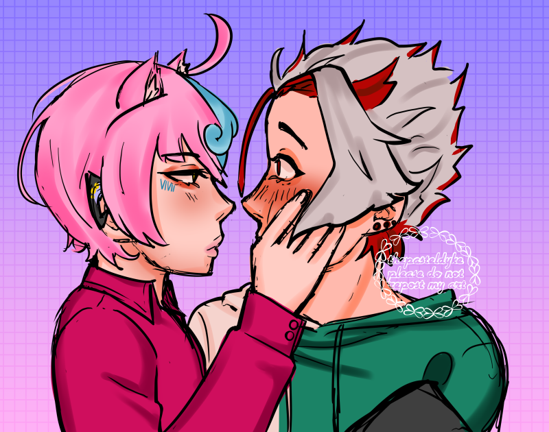 Followup to previous image. Coloured doodle. 661 (Roroy) is gripping Joe's face, Joe is blushing.