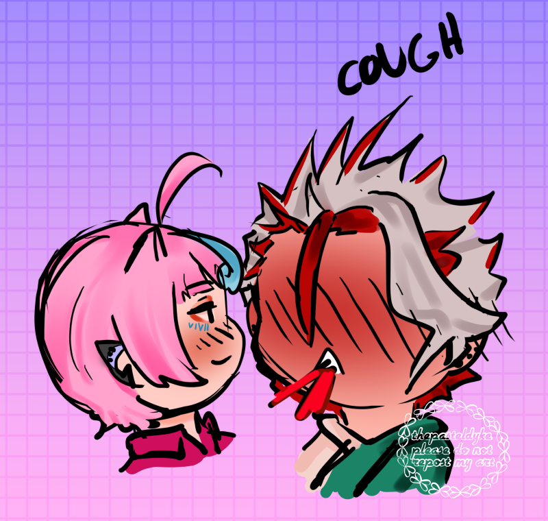 Followup to previous image. Coloured doodle. Chibi style. Joe coughs blood while 661 (Roroy) looks smug.