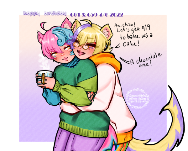 659 (Rocoku) is hugging 661 (Roroy) tightly by the waist, his chin on his brother's shoulder, eyes closed, happy. 661 is holding a mug in both hands, looking over his shoulder at 659, a rare smile on his face. 659 says 'An-chan! Let's get 919 (Nyke) to bake us a cake! A chocolate one!' A text above them reads 'Happy birthday 661 & 659 4/6 2022'. 661 is wearing a green and turqouise knitted sweater with a turtleneck collar and cutouts on the elboxs, stitched together with loose ribbons. 659 is wearing a white and orange hoodie.