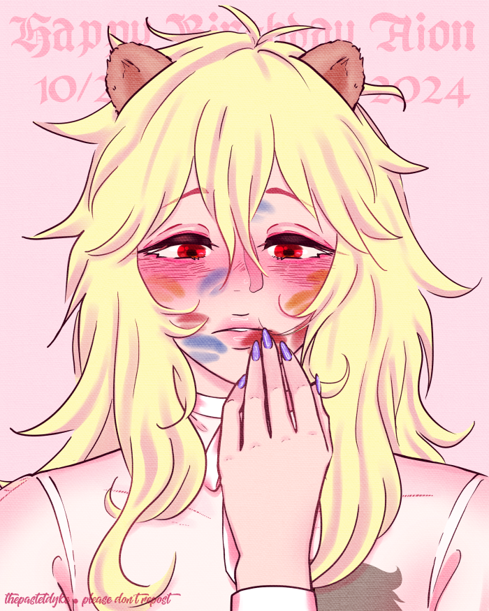 Aion from Show By Rock!! with his fingers to his lips, blushing, looking down. His face is covered in lipstick stains from his bandmates. Red for Crow, Orange for Yaiba, blue for Rom. Aion has long blond hair, red eyes and brown lion ears, and a tattoo slightly visible on his chest.