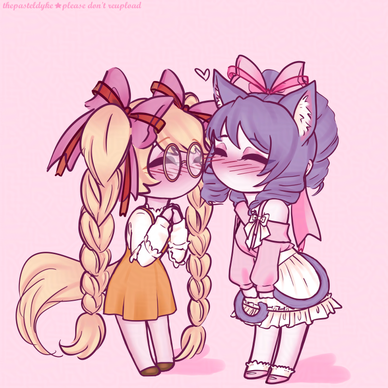 A digital drawing of Retoree and Cyan from Show By Rock!! drawn in chibi style with soft pastels. Cyan is holding on to her tail, Retoree clasping her hands in front of her. They're almost kissing, both blushing. Retoree wears an orange dress over a white shirt, Cyan is wearing a pink top with a white bow and a white ruffly skirt. Both have rink ribbons in their hair.