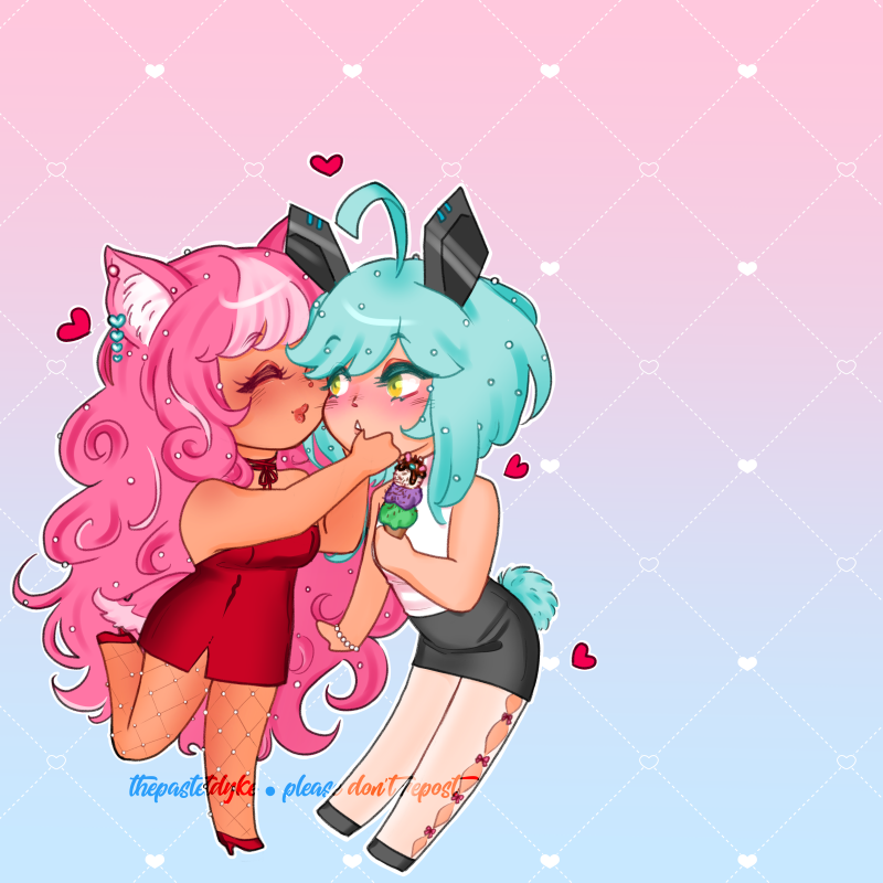Chibi drawing of Sumomone and Uiui from Show By Rock!! Sumomone has long curly pink hair and squirrel ears and a wide tail. Uiui has blue hair, metal rabbit ears and a blue tail. Uiui is blushing, an ice cream cone in one hand. Sumomone holds Uiui's face in her hands, about to kiss her, one foot raised like in kiss scenes in movies.