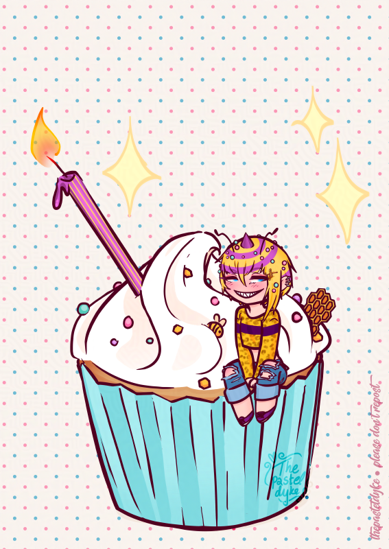 A digital drawing of a chibi Hachin from Show By Rock!! grinning wide while sitting on a cupcake.