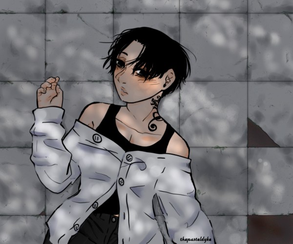 Image is of Mikey in the future timeline where Takemichi goes to meet him in Manila. Mikey's hair is short and black, he has Draken's tattoo on the left side of his neck. He's in front view, from the hip up. He's lying on his back, his left arm down and cut off mid underarm. His right arm is bent at the elbw, his hand relaxed by his shoulder. His head is a little turned toward the left of the frame, his face relaxed but a little sad and tired. He's looking up toward the screen. He's wearing a white cardigan that's fallen off his shoulders, the top button unbuttoned. Underneath he's wearing a black tanktop and black jeans. He's lying on the ground, a number of square light grey tiles , some cracked, some with pieces missing to show the dirt underneath. The image is in shadows, stippled light between tree branches lighting up portions of his body and the background.