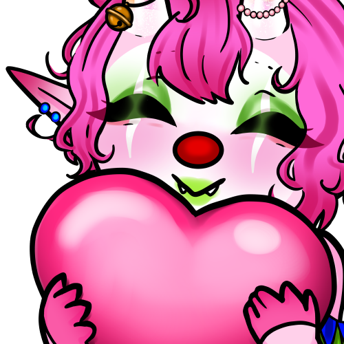 Pink character with clown makeup holding a pink heart.