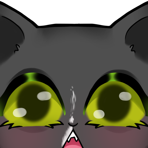 A digital drawing of a black cat from the chest up with white markings on the nose, lip and chin looking upwards, eyes huge, mouth open.