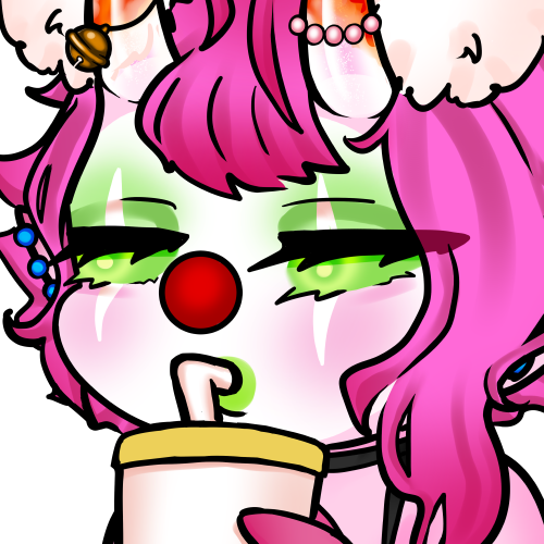 A digital drawing of a clown in chibi style from chest up with pink skin and short pink hair, long pointy ears full of piercings and horns growing out of her forehead. The horns are semi-transparent at the base, and orange at the tips. The tip of the left horn cut off. She's wearing a choker attached to blue bunting draped around her shoulders and above her cleavage. She's sipping a drink and side-eyeing something.