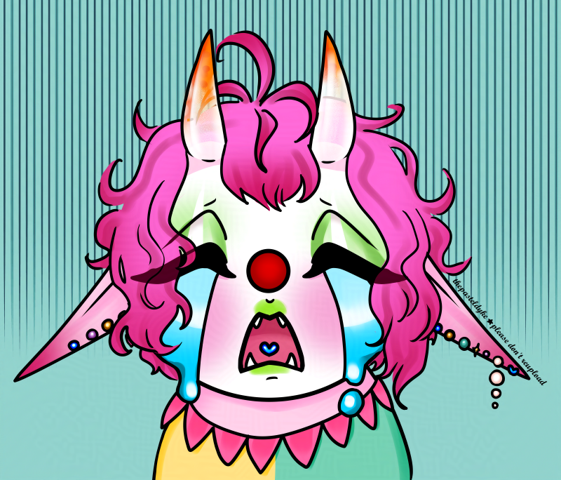 A clown in chibi style with with pink skin and short pink hair, long pointy ears full of piercings pointing down and horns growing out of her forehead. The horns are semi-transparent at the base, and orange at the tips. Her eyes are closed, mouth wide open as she's bawling. She's wearing a half yellow-half green oversized sweaterdress with pink bunting sewn to the hem of the neckline.