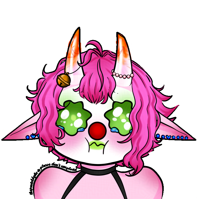 A digital drawing of a clown in chibi style from the shoulders up with pink skin and short pink hair, long pointy ears full of piercings and horns growing out of her forehead. The horns are semi-transparent at the base, and orange at the tips. The tip of the left horn cut off. Her eyes are large and wobbly and there's tears in her eyes, her mouth equally wobbly.