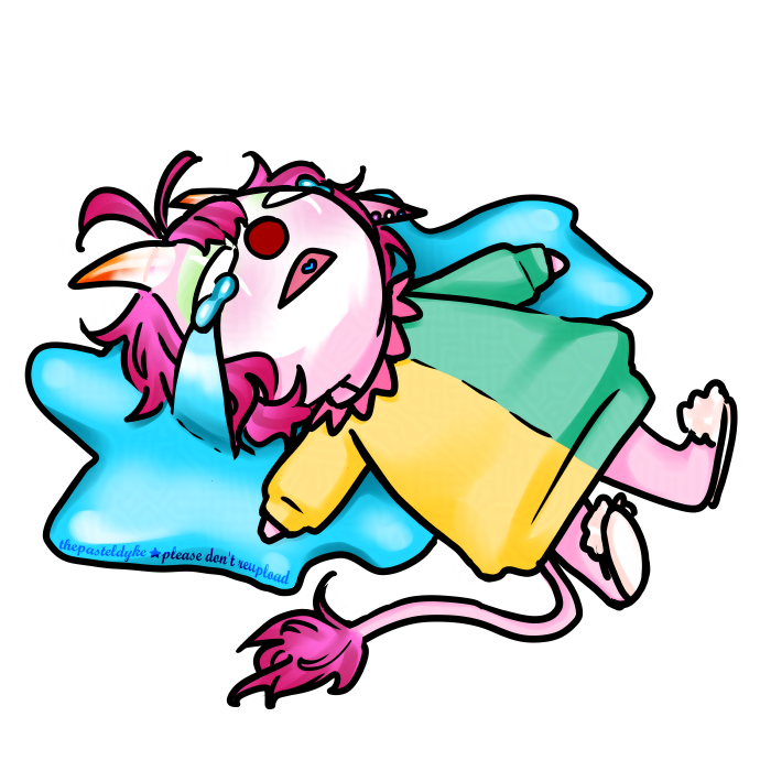 A clown in very round chibi style with with pink skin and short pink hair, long pointy ears full of piercings pointing down and horns growing out of her forehead. The horns are semi-transparent at the base, and orange at the tips. Her eyes are white blobs, mouth wide open as she's bawling where she lies in a puddle of tears, makeup smeared. She's wearing a half yellow-half green oversized sweaterdress with pink bunting sewn to the hem of the neckline and white fuzzy slippers.