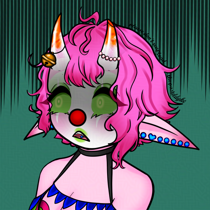 A digital drawing of a clown in chibi style from the chest up with pink skin and short pink hair, long pointy ears full of piercings and horns growing out of her forehead. The horns are semi-transparent at the base, and orange at the tips. The tip of the left horn cut off. She's wearing a choker attached to blue bunting draped around her shoulders and above her cleavage. The bunting is attached to puffy sleeves in green and pink ribbons and you can see a green and pink bra. Her face is dark and she's looking freaked out about something.