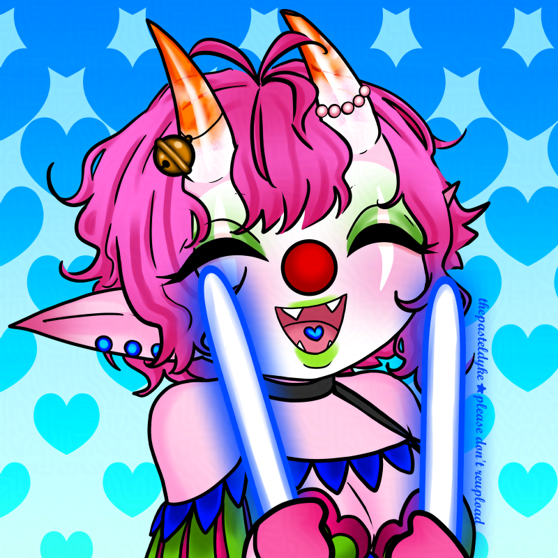 A digital drawing of a clown in chibi style from the chest up with pink skin and short pink hair, long pointy ears full of piercings and horns growing out of her forehead. The horns are semi-transparent at the base, and orange at the tips. The tip of the left horn cut off. She's wearing a choker attached to blue bunting draped around her shoulders and above her cleavage. The bunting is attached to puffy sleeves in green and pink ribbons and you can see a green and pink bra. Her eyes are closed, her mouth wide open and excited as she holds blue glowsticks in her hands.