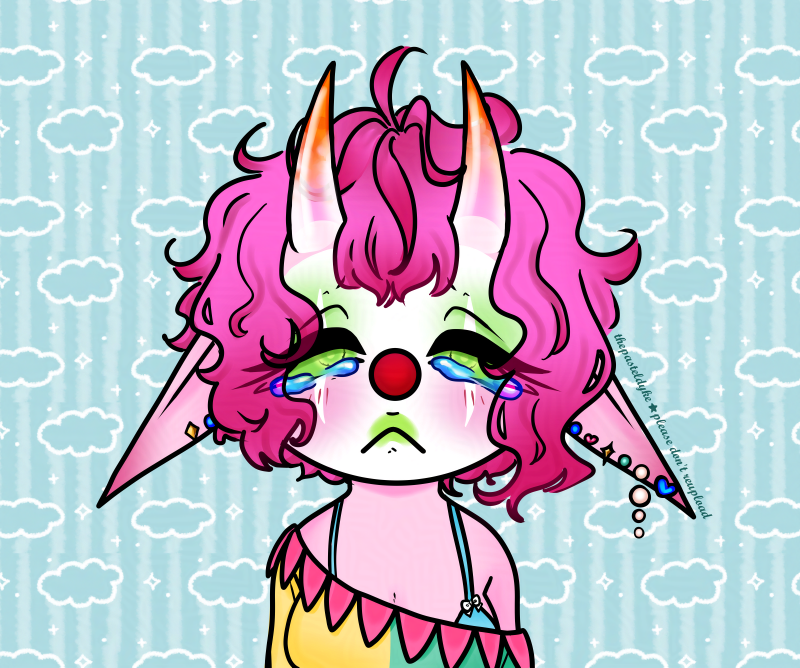 A clown in semi-chibi style with with pink skin and short pink hair, long pointy ears full of piercings pointing down and horns growing out of her forehead. The horns are semi-transparent at the base, and orange at the tips. Her eyes are half-closed, tears in them, her mouth an upside down V. She's wearing a half yellow-half green oversized sweaterdress with pink bunting sewn to the hem of the neckline. The sweaterdress is falling off one shoulder, showing off the top of a light blue bra.