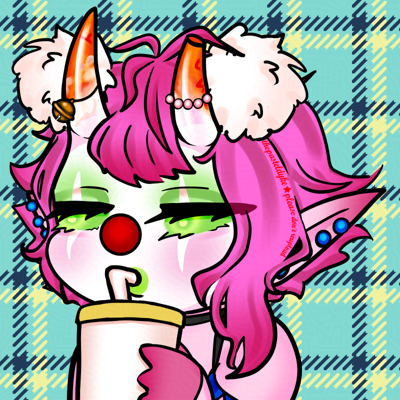 A digital drawing of a clown in chibi style from chest up with pink skin and short pink hair, long pointy ears full of piercings and horns growing out of her forehead. The horns are semi-transparent at the base, and orange at the tips. The tip of the left horn cut off. She's wearing a choker attached to blue bunting draped around her shoulders and above her cleavage. She's sipping a drink and side-eyeing something.