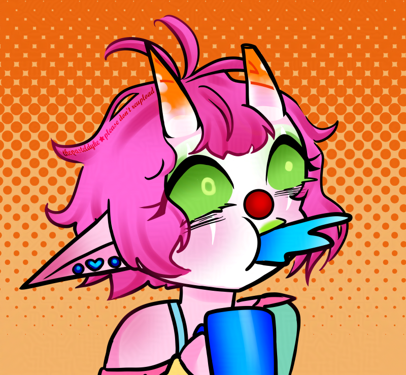 A digital drawing of a clown in chibi style from mid-chest up with pink skin and short pink hair, long pointy ears full of piercings and horns growing out of her forehead. The horns are semi-transparent at the base, and orange at the tips. The tip of the left horn cut off. She's seen from the chest up, wearing an oversized sweater that's slipping off the right shoulder. The sweater is half green, half yellow, and has pink bunting along the wide neckline. Her eyes are wide open and pupils small as she does a spittake, a blue mug in her hand.