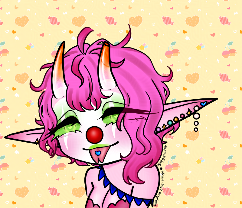 A clown in semi-chibi style with with pink skin and short pink hair, long pointy ears full of piercings and horns growing out of her forehead. The horns are semi-transparent at the base, and orange at the tips. She's smiling, sticking her tongue out, her tongue forked and with a blue heartshaped piercing. Her eyes are half closed. She's wearing a pink bra and a blue string of bunting slung around her neck, and it hangs off one of her shoulders.