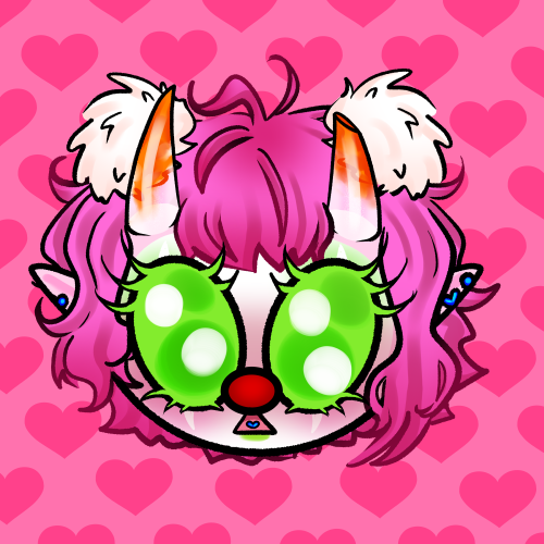 The head of a clown in chibi style with with pink skin and short pink hair, long pointy ears full of piercings pointing down and horns growing out of her forehead. The horns are semi-transparent at the base, and orange at the tips. Her green eyes are huge and whide and her mouth is a small triangle. She's blushing.