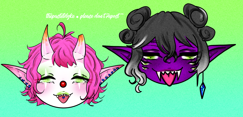 Digital drawing of chibi heads of two characters sticking out their tongues. On the left is my vtube model Rhubaby. She has pink hair, pink skin, clear horns with orange tips and green eyes. The tip of the left horn cut off. She's wearing white facepaint and a clown nose. On the right is my friend Ren's PNGtuber model-to-be. They have purple skin, black hair with white and grey streaks and four sets of green eyes, the top pair are closed an not very visible. Both characters have shark teeth with extra long canines.