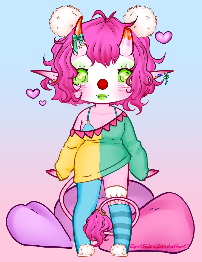 A fullbody digital drawing clown in chibi style with pink skin and short pink hair, long pointy ears full of piercings and horns growing out of her forehead. The horns are semi-transparent at the base, and orange at the tips. The tip of the left horn cut off. She's standing, wearing an oversized sweater that's slipping off the right shoulder. The sweater is half green, half yellow, and has pink bunting along the wide neckline. She's wearing a thigh-high blue sock on the right leg and a knee-high blue striped sock on the left over a thigh-high white fishnet stocking. She's wearing white slippers and a gold hoop around the tail, giant white pompoms in her hair. There's pink and purple pillows on the ground behind her.