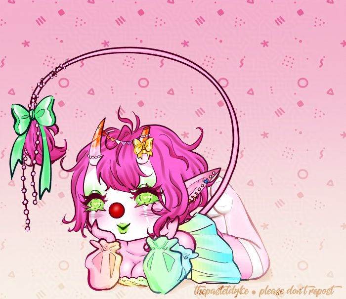 A fullbody digital drawing clown in chibi style with pink skin and short pink hair, long pointy ears full of piercings and horns growing out of her forehead. The horns are semi-transparent at the base, and orange at the tips. The tip of the left horn cut off. She's lying on her stomach, hands propping up her head, boobs pushed forward. She's wearing a pastel rainbow top with a deep cleavage and poofy sleeves, as well as a short pleated skirt that is pale blue and yellow as well as sheer thigh high white socks. There's a long row of pears and a green bow tied around her tail, a yellow bow around her left horn. There's pearls around both horns. Tiny bunting in the colours of the lesbian flag are strung between her horns. She's looking off to the side a little, smiling.