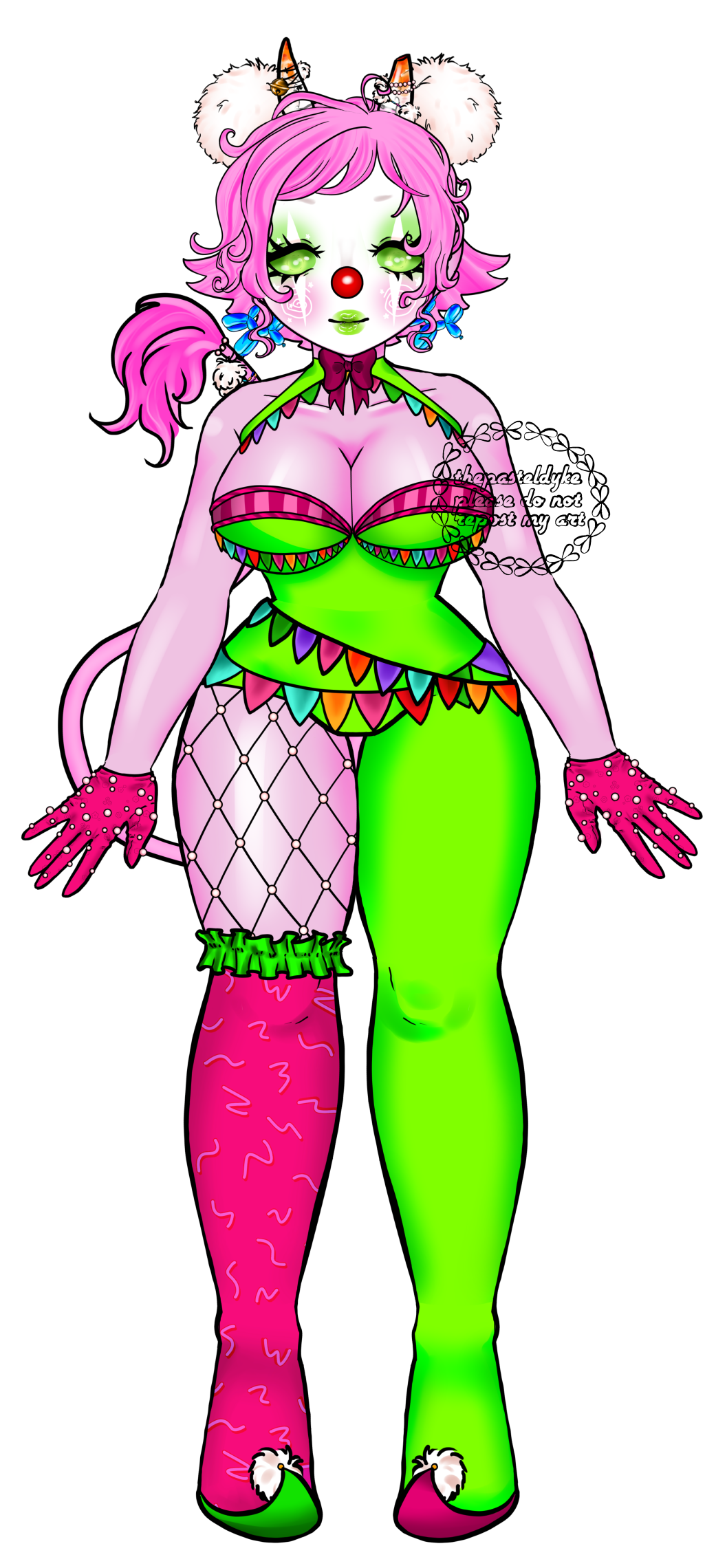 A digital fullbody drawing of a clown with pink skin and short pink hair, long pointy ears full of piercings and horns growing out of her forehead. The horns are semi-transparent at the base, and orange at the tips. The tip of the left horn cut off. The bottom earrings are large blue balloon dogs. There are bells and pompoms around her horns. She has a long tail that ends in a thick tuft of fur, white pompoms tied to the end right above the long fur. She's wearing a green bodysuit with a deep cleavage, lined with pink along the chest's hemline, little rows of bunting along the boobs. There's another line of bunting attached to the neck above her cleavage. Her gloves are short and pink with white beads on them. The bodysuit only has one leg, the right leg instead covered with an over-knee pink boot trimmed with pink ruffles, fishnet stockings visible between boot and hem of the bodysuit. The fishnets has pearls on it. The left leg of the bodysuit connects with a shoe, both shoes curling up with pompoms attached to the tip of the toes.