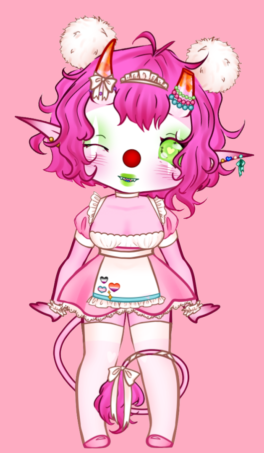 A character with pink skin and pretty short pink hair, a long tail that ends with a fluffy tuft of fur. She has clear horns with orange tips, the tip of the left horn cut off. She's winking. She's standing, wearing an oversized sweater that's slipping off the right shoulder. The sweater is half gren, half yellow, and has pink bunting along the wide neckline. She's wearing a thigh-high blue sock on the right leg and a knee-high blue striped sock on the left over a thigh-high white fishnet stocking. She's wearing a pink mini maid dress with a circle skirt and a deep cleavage, sher white thigh high stockings, pink shoes, a white bow at the end of her tail and one of her horns. There are giant white pompoms in her hair.