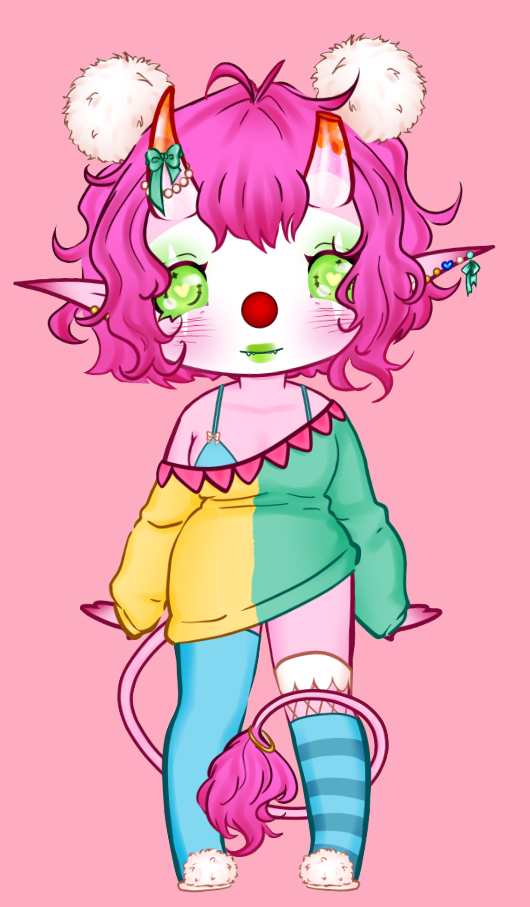 A character with pink skin and pretty short pink hair, a long tail that ends with a fluffy tuft of fur. She has clear horns with orange tips, the tip of the left horn cut off. She's standing, wearing an oversized sweater that's slipping off the right shoulder. The sweater is half gren, half yellow, and has pink bunting along the wide neckline. She's wearing a thigh-high blue sock on the right leg and a knee-high blue striped sock on the left over a thigh-high white fishnet stocking. She's wearing white slippers and a gold hoop around the tail, giant white pompoms in her hair.