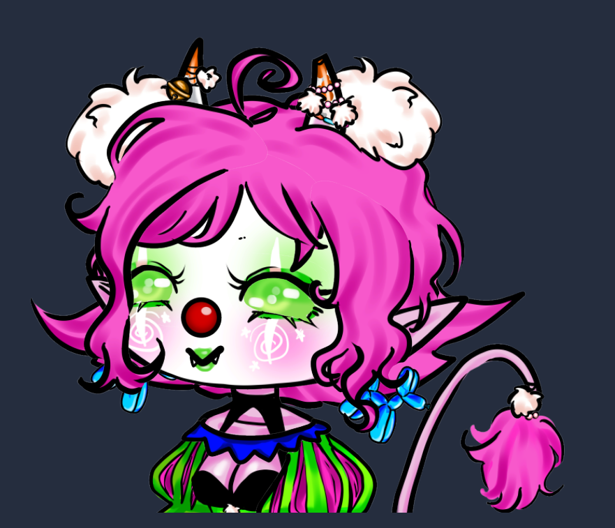 A digital drawing of a clown in chibi style from the waist up with pink skin and short pink hair, long pointy ears full of piercings and horns growing out of her forehead. The horns are semi-transparent at the base, and orange at the tips. The tip of the left horn cut off. She has a long tail that ends in a thick tuft of fur, white pompoms tied to the end right above the long fur. She's looking forward, mouth a v as she smiles, shownig off her fangs. The bottom earrings are large blue balloon dogs. She's wearing a choker attached to blue bunting draped around her shoulders and above her cleavage. The bunting is attached to puffy sleeves in green and pink ribbons and you can see a black bra.