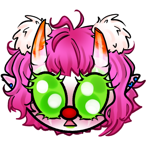 The head of a clown in chibi style with with pink skin and short pink hair, long pointy ears full of piercings pointing down and horns growing out of her forehead. The horns are semi-transparent at the base, and orange at the tips. Her green eyes are huge and whide and her mouth is a small triangle. She's blushing.