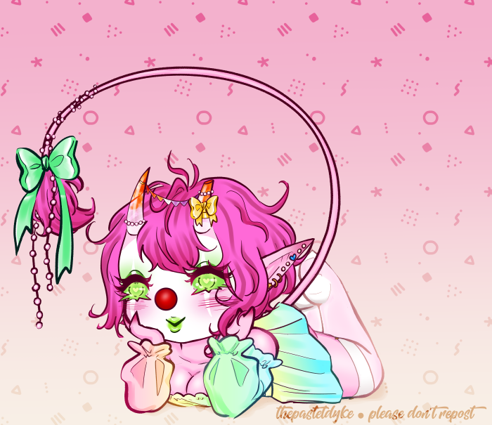 A fullbody digital drawing clown in chibi style with pink skin and short pink hair, long pointy ears full of piercings and horns growing out of her forehead. The horns are semi-transparent at the base, and orange at the tips. The tip of the left horn cut off. She's lying on her stomach, hands propping up her head, boobs pushed forward. She's wearing a pastel rainbow top with a deep cleavage and poofy sleeves, as well as a short pleated skirt that is pale blue and yellow as well as sheer thigh high white socks. There's a long row of pears and a green bow tied around her tail, a yellow bow around her left horn. There's pearls around both horns. Tiny bunting in the colours of the lesbian flag are strung between her horns. She's looking off to the side a little, smiling.