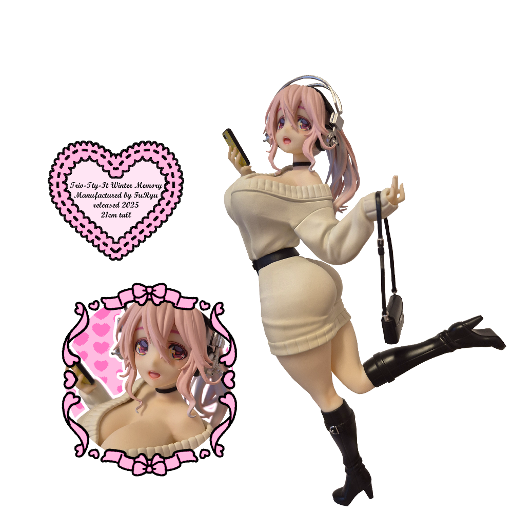 A Super Sonico figure dressed in a white sweaterdress with a wide and deep neckline and a short skirt, holding a cell phone in her right hand and a purse dangling from her left. To her left is a closeup of her face next to it and a heart with text reading 'Trio-Try-It Winter Memory, manufactured by FuRyu, released 2025, 21 cm tall'