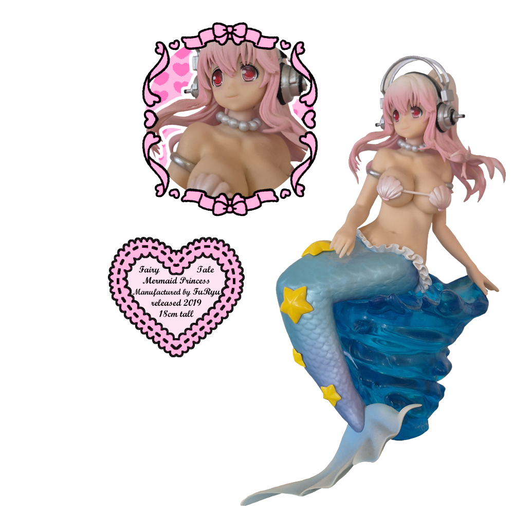 A mermaid Super Sonico Figure with a closeup of her face next to it and a heart with text reading 'Fairy tale, mermaid princess, manufactured by FuRyu, released 2019, 18 cm tall'.