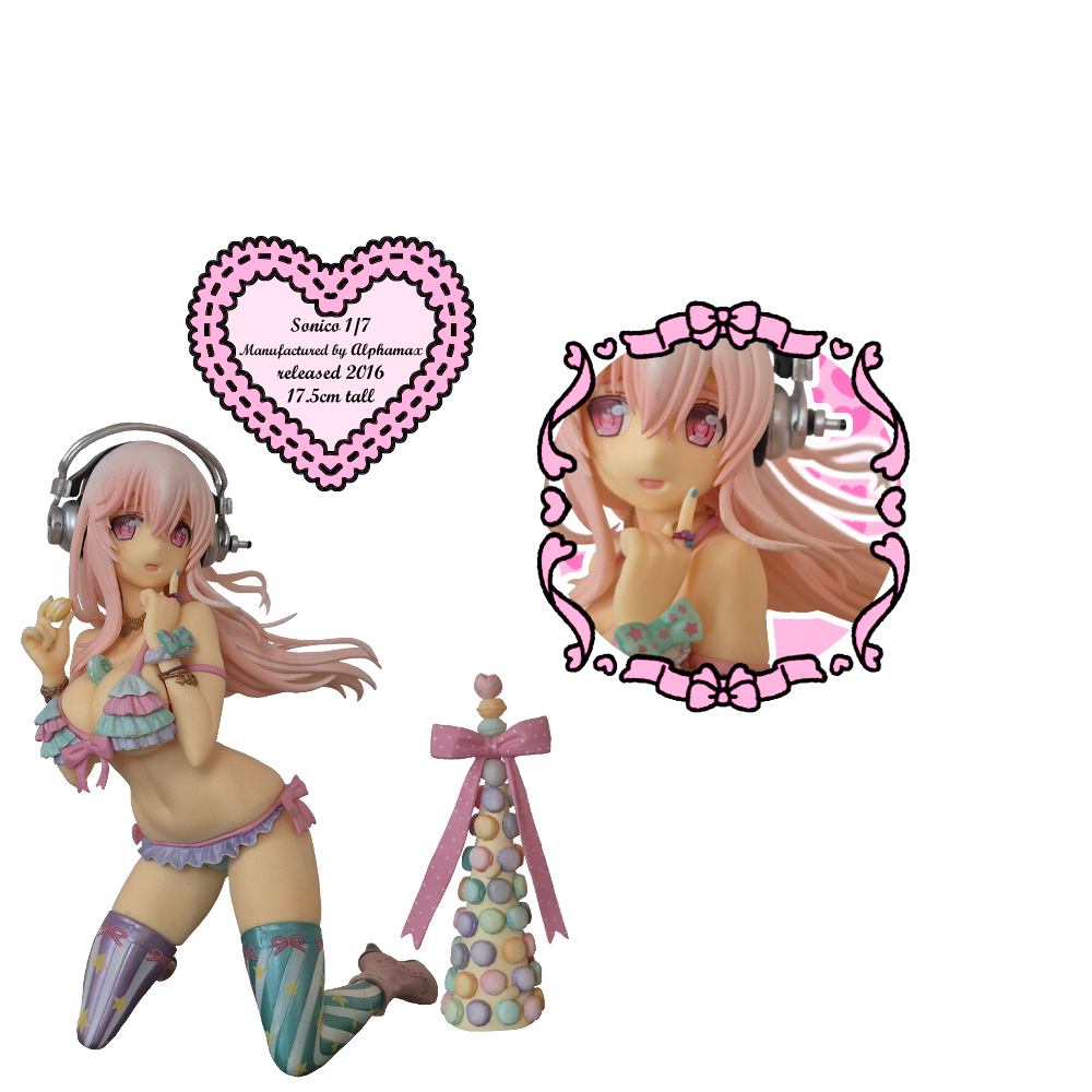 A Super Sonico Figure wearing ruffly underwear, holding a macaron, another between her boobs with a closeup of her face next to it and a heart with text reading 'Santa 1/7, manufactured by Alphamax, released 2016, 17.5 cm tall'.