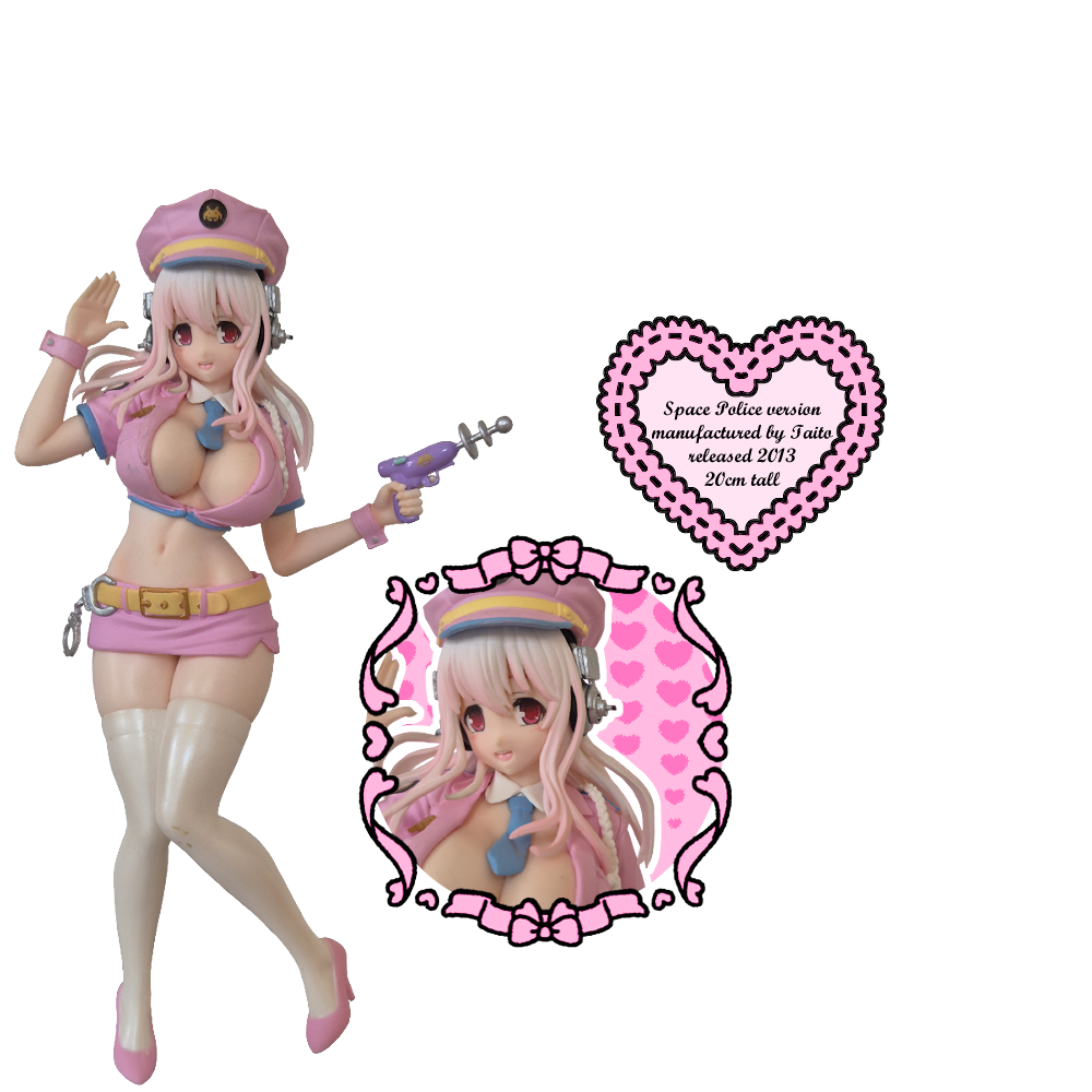 A Super Sonico Figure wearing a pink, sexy space cop outfit holding a gun with a closeup of her face next to it and a heart with text reading 'Space police version, manufactured by Taito, released 2013, 20 cm tall'.