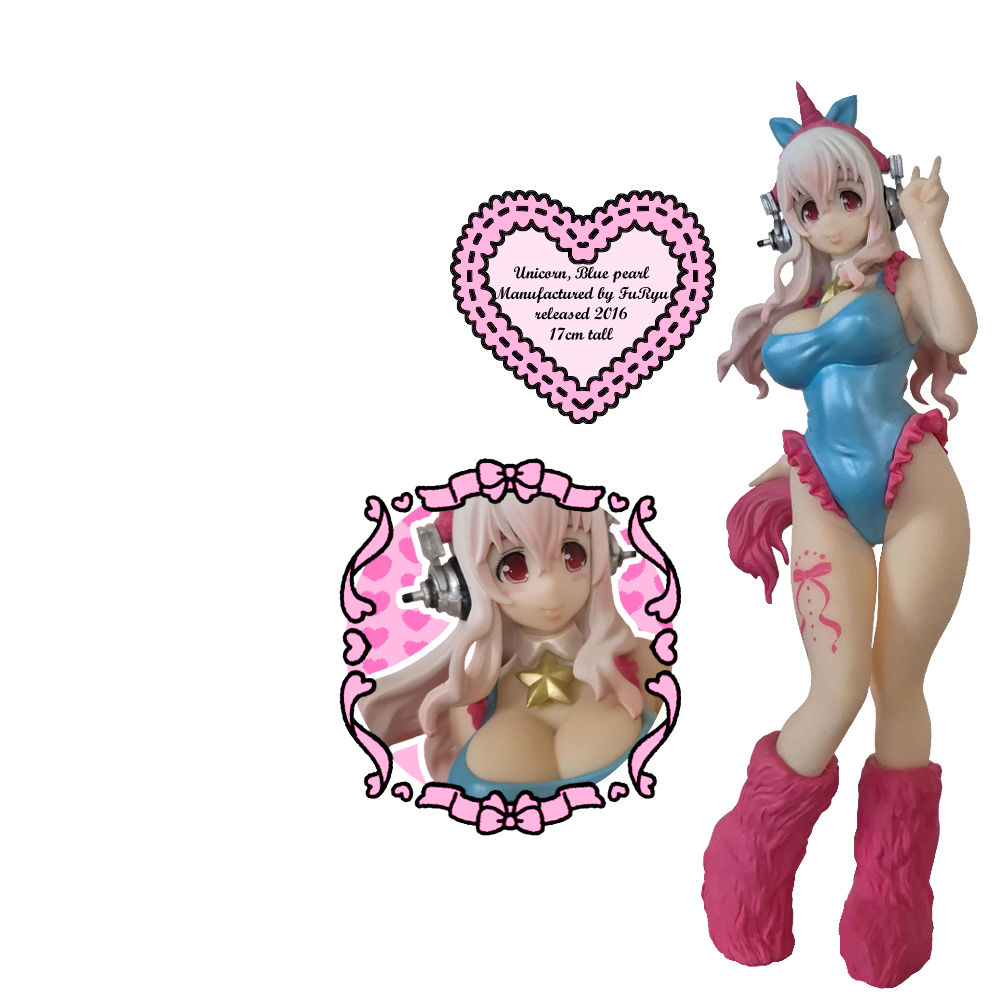 A Super Sonico Figure wearing a swimsuit, a unicorn horn and tail with a closeup of her face next to it and a heart with text reading 'Unicorn, Blue pearl, manufactured by FuRyu, released 2016, 17 cm tall'.