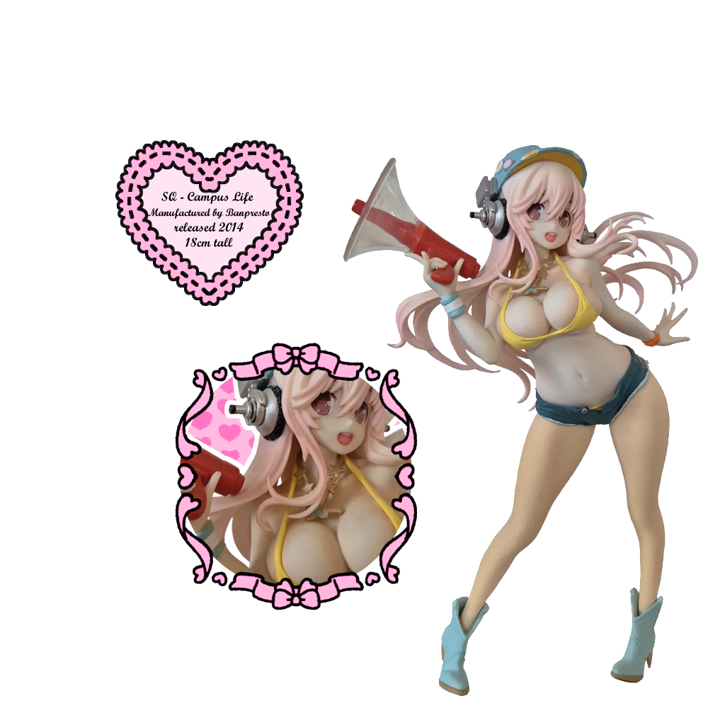 A Super Sonico Figure wearing a bikini top and shorts holding a microphone with a closeup of her face next to it and a heart with text reading 'SQ - Campus life, manufactured by Banpresto, released 2014, 18 cm tall'.