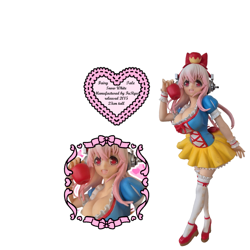 A Super Sonico Figure wearing a sexy snow white outfit with a closeup of her face next to it and a heart with text reading 'Fairy tale, Snow White, manufactured by FuRyu, released 2015, 23 cm tall'.